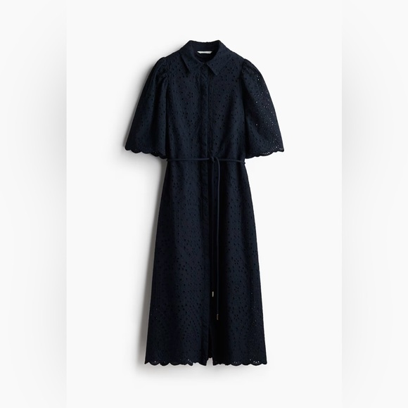 NWT Cotton Navy Blue Eyelet Lace Shortsleeve Button Down Midi Modest Dress Sz M - Picture 2 of 16
